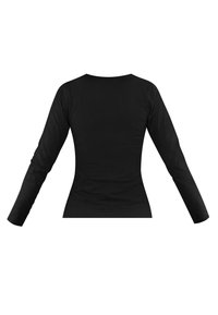 Schwarzes Langarmshirt, taillierter Schnitt, runder Halsausschnitt, glatte Textur, ohne sichtbare Muster oder Akzente, von hinten betrachtet.