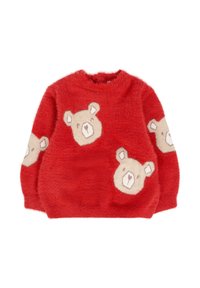 Maglione rosso fuzzy con volti di orsetto beige sulla parte anteriore e sulle maniche, progettato per bambini.