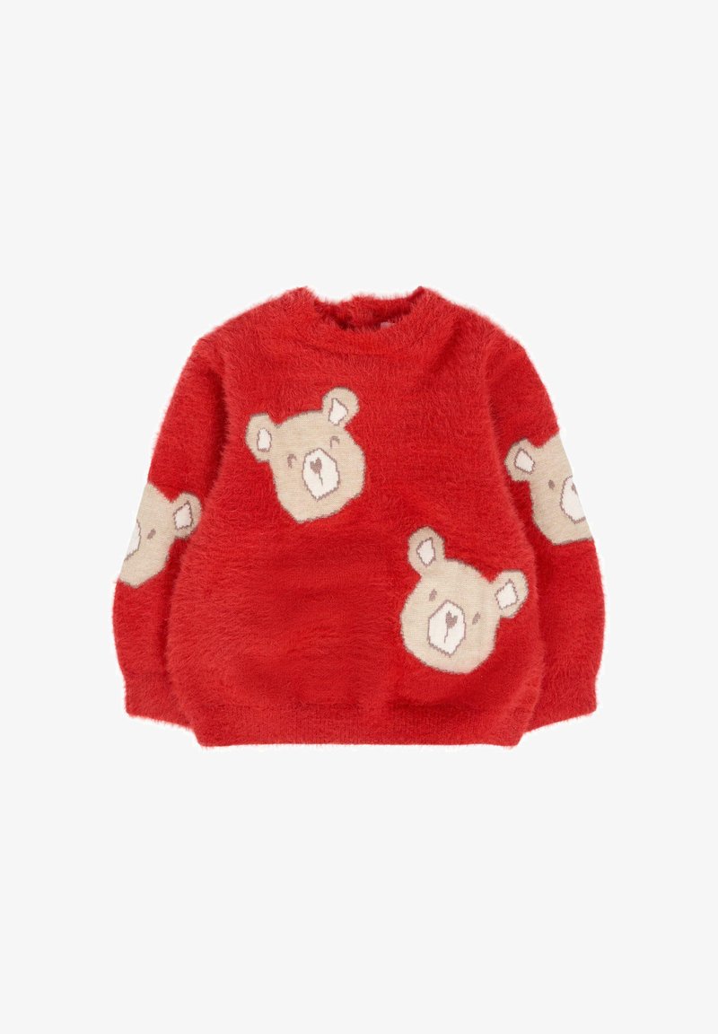 Maglione rosso fuzzy con volti di orsetto beige sulla parte anteriore e sulle maniche, progettato per bambini.