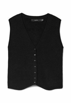Gilet sans manches noir avec un col en V, doté d'une fermeture à boutons et d'un ourlet légèrement arrondi. Fabriqué en tissu doux et texturé.