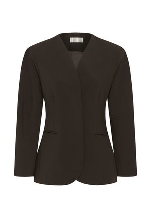 Črni krojeni blazer z dolgimi rokavi, odprtim sprednjim delom in dvema sprednjima žepoma, strukturiran kroj v pasu.