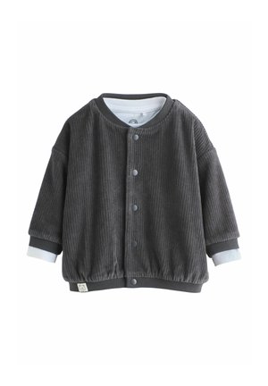 Hallatav hall kootud jope ümmarguse kaelusega, nööbiga ja elastse vöökohaga. Omab eristuvaid pikki varrukaid helesinisest.