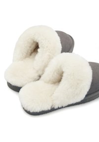 Gray suede slippers with soft white faux fur lining and open back design. Thick, plush texture and padded footbed for comfort.