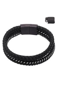Bracciale in pelle nera intrecciata composto da due fili, con un clasp metallico liscio e accenti argentati a contrasto intrecciati.