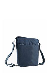 Sac messager bleu marine, fabriqué en tissu texturé, avec un compartiment principal zippé, une poche avant et une bandoulière réglable avec des accents de logo.