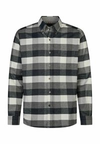 Overhemd met knopen in een grijs, zwart en wit ruitpatroon; heeft een button-down kraag, lange mouwen en een borstzakje. Gemaakt van katoen.