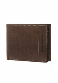 Brown leather bifold wallet with visible stitching and "bruno banani" embossed near the edge on a white background.