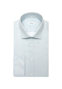 Chemise habillée à manches longues pliée avec un subtil motif géométrique bleu clair, poignets boutonnés et col classique.