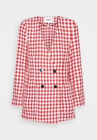 Dvouřadový blazer v červenobílém kostkovaném vzoru, s hlubokým V-výstřihem, dlouhými rukávy a černými knoflíky. Měkká strukturovaná tkanina.