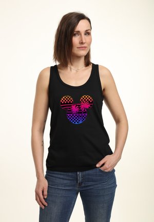 Sort tanktop med et farverigt grafisk design af et ternet Mickey Mouse hoved med palmer. Stoffet ser glat og afslappet ud.