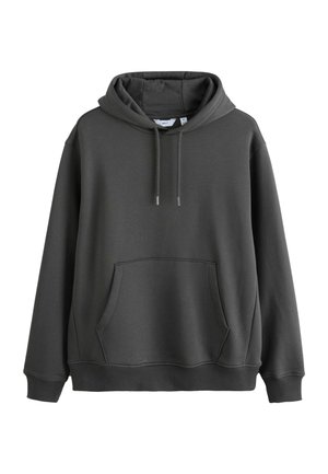 Dunkelgrauer Kapuzenpullover mit Kängurutasche vorne und verstellbarer Kordel im Kapuzenbereich, dargestellt vor weißem Hintergrund.