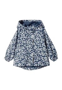 Navy floral jacket with a hood, featuring white flowers, elastic cuffs, and a front zipper. Made of lightweight, water-resistant material.