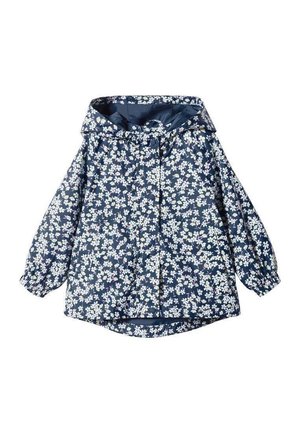 Navy floral jacket with a hood, featuring white flowers, elastic cuffs, and a front zipper. Made of lightweight, water-resistant material.
