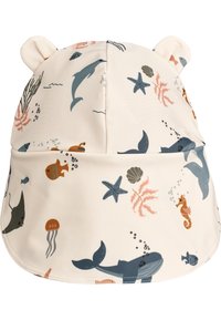 Lys beige solhatt med mønstre av marine dyr, inkludert hvaler, delfiner og sjøstjerner, med lekne øredetaljer. Laget av mykt stoff.