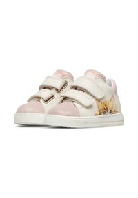 Sneakers con chiusura in velcro di colore crema con punta glitter rosa. Presentano una stampa di gattini sul lato e suole in gomma resistenti.