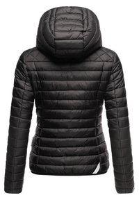 Black quilted puffer jacket with a hood, featuring a slim fit, ribbed cuffs, and a small logo tag on the lower side.