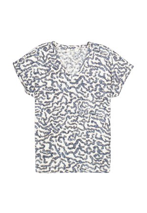 Camiseta de manga corta con cuello en V, de tela blanca con un patrón abstracto en azul y marrón. Hecha de un material ligero y transpirable.