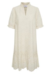 Lyhythihainen, polvipituinen mekko off-whiten värissä, jossa on silkkipistokkeita, röyhelökaulus ja kerroksellinen helma. Pehmeä, kevyt puuvillakangas.