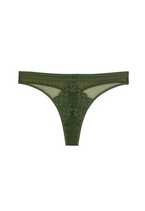 Perizoma in rete verde oliva con disegno complesso di pizzo ondulato sulla parte anteriore e sottile fascia in vita con piccoli dettagli ritagliati.