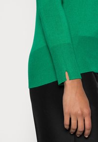 Maglione verde a maglia con orlo e polsini a coste. Presenta una piccola fessura sul polsino. Indossato sopra un tessuto nero. Aspetto morbido e testurizzato.