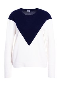 Námořnický modrý a bílý svetr s trojúhelníkovým vzorem na hrudi. Vyrobený z měkké látky s dlouhými rukávy a kulatým výstřihem.