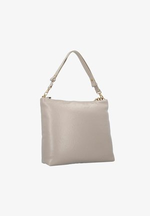 Borsa beige in ecopelle con texture liscia, forma piatta, tracolla singola regolabile e dettagli in metallo color oro.