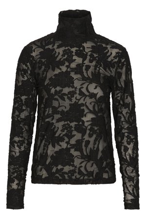 Schwarzes Langarm-Turtleneck-Oberteil mit floralem Spitzenmuster, sheer Finish und strukturierten Akzenten.