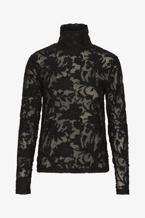 Čierny dlhý rukáv rolák s kvetinovým čipkovým dizajnom, priehľadným povrchom a textúrovanými akcentmi po celom.