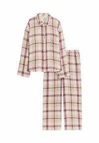 Set di pigiama a quadri in crema, rosso e beige, con una camicia con bottoni e tasca sul petto e pantaloni larghi con vita elastica. Tessuto in cotone.