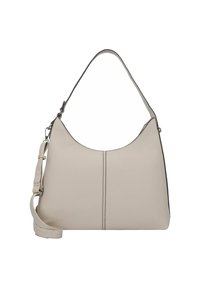 Borsa a mano in pelle beige con silhouette curva, manico superiore e tracolla removibile. Presenta cuciture sottili e accenti grigi.