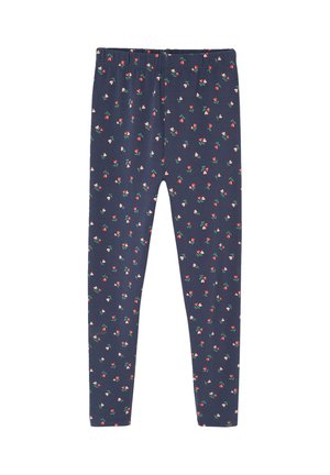 Marineblaue Leggings mit elastischem Bund, mit einem verstreuten kleinen rosa und roten Blumenmuster.