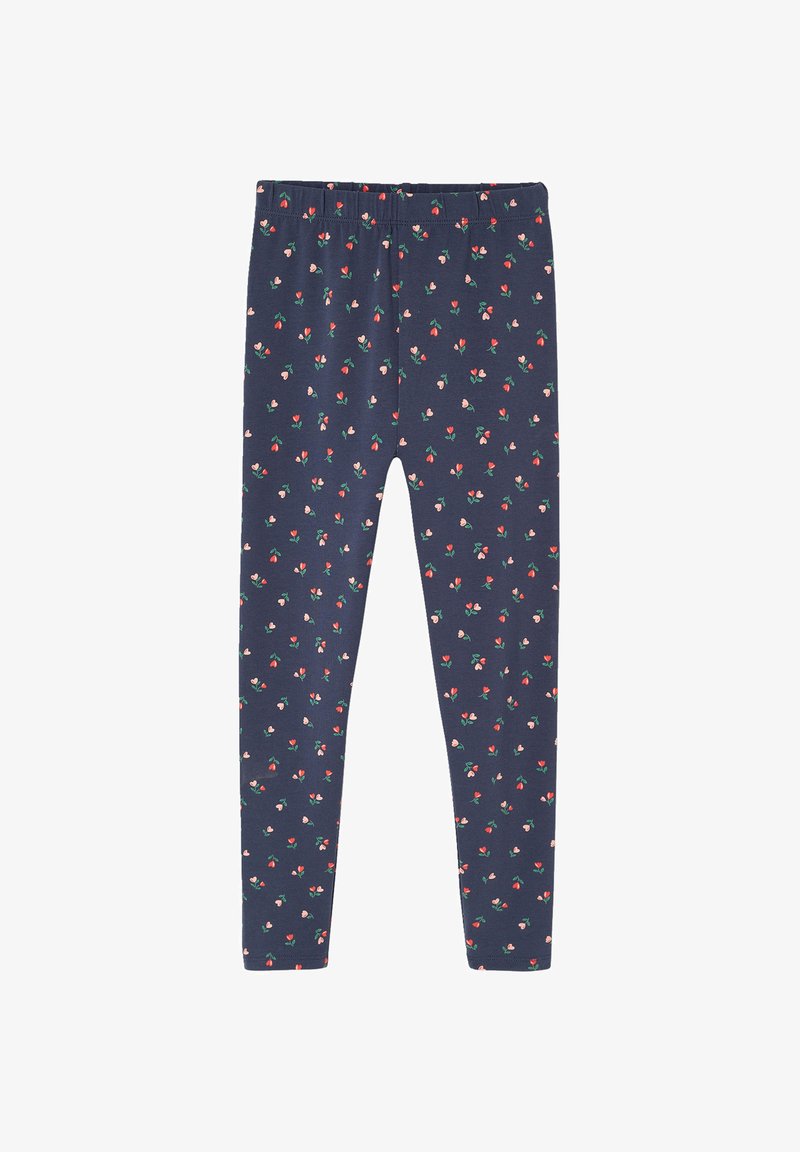 Navy blue leggings with an elastic waistband, featuring a scattered small pink and red floral print.
