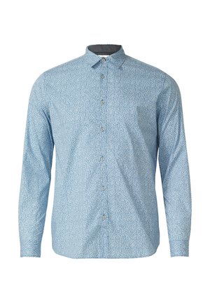 Jasnoniebieska męska koszula na długi rękaw z guzikami, ozdobiona małym, ciemnoniebieskim, abstrakcyjnym wzorem, z klasycznym kołnierzykiem.