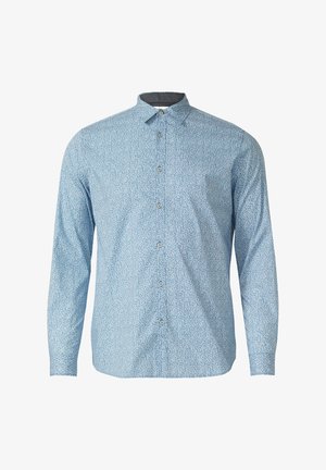 Jasnoniebieska męska koszula na długi rękaw z guzikami, ozdobiona małym, ciemnoniebieskim, abstrakcyjnym wzorem, z klasycznym kołnierzykiem.