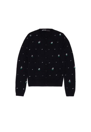 Czarny kardigan z dzianiny, ozdobiony zielonymi i białymi kwiatowymi detalami, z guzikami z przodu i długimi rękawami. Klasyczny krój.