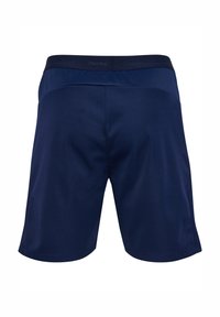 Pantalones cortos deportivos de color azul marino con una cintura elástica, textura suave y sin logotipos ni patrones visibles en la parte trasera. Diseño simple y funcional.