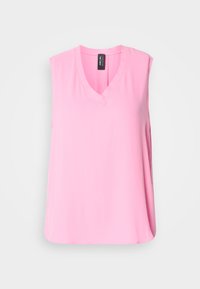 Roze mouwloze top met een V-halsontwerp, gemaakt van zachte stof. Gebogen zoom en losse pasvorm voor comfort. Geen zichtbare patronen of accenten.
