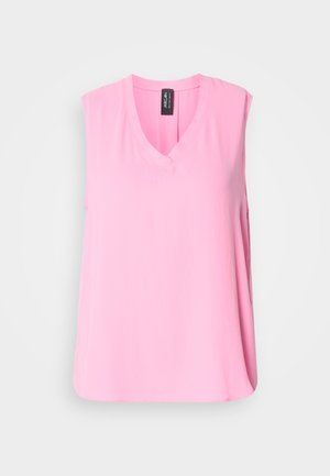 Pink sleeveless top with a V-neck design, made of soft fabric. Curved hem and relaxed fit for comfort. No visible patterns or accents.