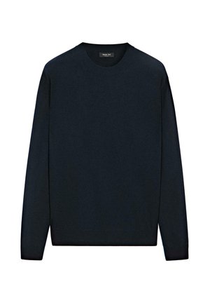 Dunkelblauer Rundhalsausschnitt-Pullover aus weichem Stoff mit langen Ärmeln und einem gerippten Saum. Keine sichtbaren Muster oder Akzente.