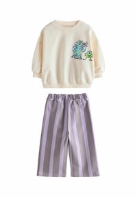 Felpa color crema con maniche a palloncino e grafiche di cartoni, abbinata a pantaloni larghi a righe grigie, con vita elastica.