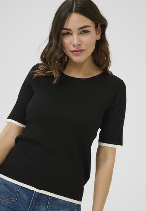 Schwarzes, geripptes T-Shirt mit kurzen Ärmeln und cremefarbenem Finish an den Ärmeln und dem Saum. Weicher Stoff, taillierte Passform, runder Ausschnitt.