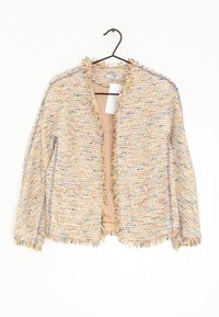 Franje jack met een multikleurige tweed, open voorkant, beige voering en gestructureerde stof, met een ontspannen, boxy vorm.