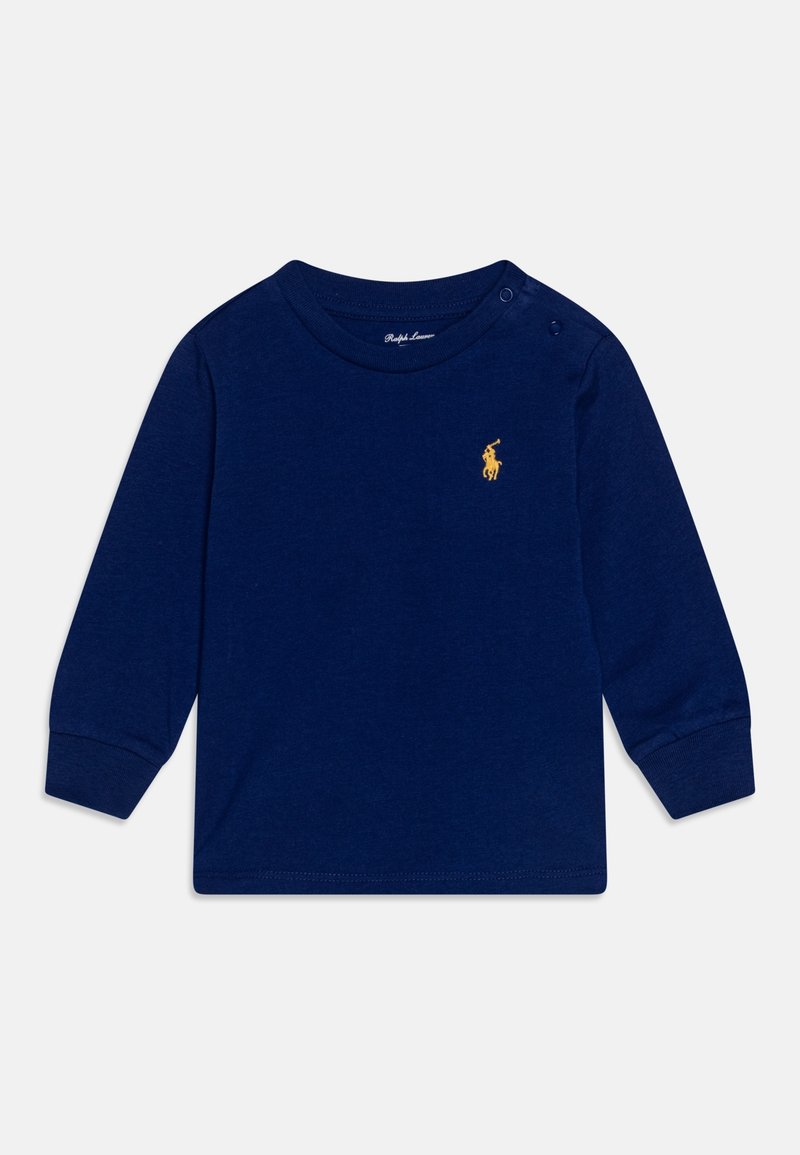 Námořnickomodré tričko s dlouhým rukávem z bavlny, s kulatým výstřihem, patentkami na rameni a malým vyšitým logem na hrudi.