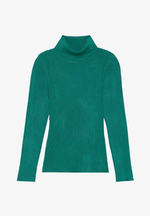 Teal ribbad polotröja med en figurnära design, långa ärmar och en mjuk textur, med en hög vikbar krage.