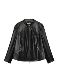 Svart läderjacka med rund hals, främre dragkedja, två fickor med dragkedja och två klafffickor. Har en slät textur och skräddarsydd passform.