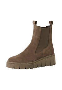 Brown suede ankle boot with elastic side panels, round toe, chunky platform sole, and pull tabs for easy wear. Textured surface.
