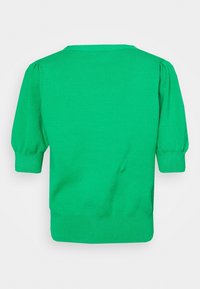 Maglione verde a maglia con maniche corte a sbuffo, scollatura arrotondata e polsini e orlo a costine. Tessuto strutturato con una finitura liscia.
