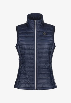 Laivastonsininen eristetty liivi, jossa korkea kaulus, tikattu kuvio ja etukäyttöinen vetoketjusuljin. Sisältää sivutaskut ja logokoristeen. Soveltuu kevät- ja syystekstiiliksi.