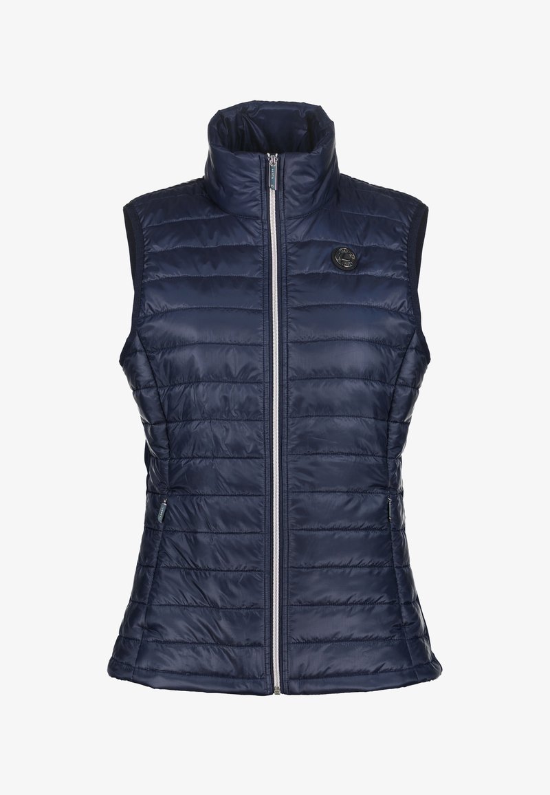 Granatowa ocieplana kamizelka z wysokim kołnierzem, pikowanym wzorem i przednim zamkiem błyskawicznym. Posiada boczne kieszenie oraz logo. Przeznaczona na wiosnę i jesień.