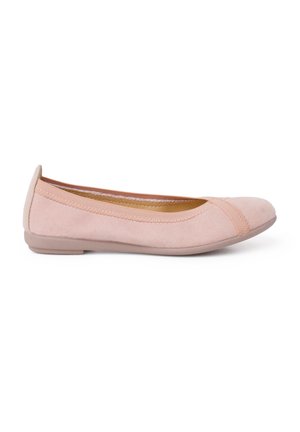 Ballerines en suede rose avec un bout arrondi, des détails cousus le long des bords et une semelle fine et flexible. Design simple et classique.